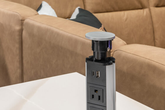 Interior of the 2025 Heartland RV Bighorn 391MFB Fifth Wheel, featuring a kitchen countertop with a power outlet.