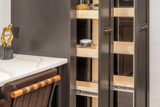 Interior of the 2025 Heartland RV Bighorn 391MFB Fifth Wheel kitchen with a spacious pantry.