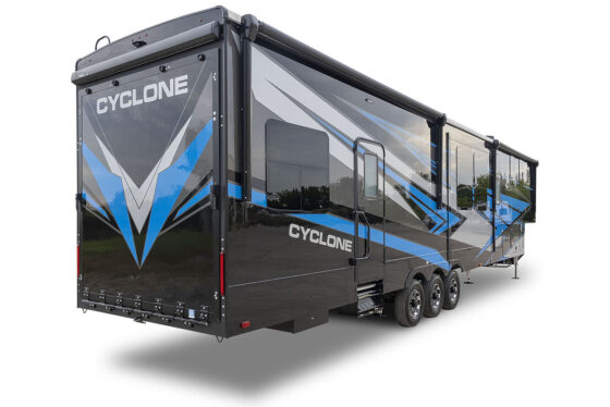 2024 Heartland Cyclone exterior with custom full-body paint design in shades of black, gray, and white.