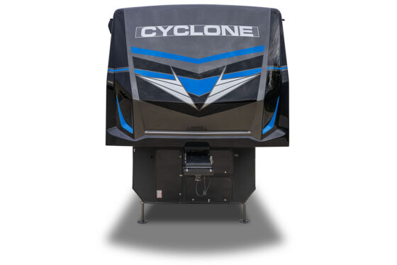 Front view of a 2024 Heartland Cyclone toy hauler RV with a sleek exterior paint design.