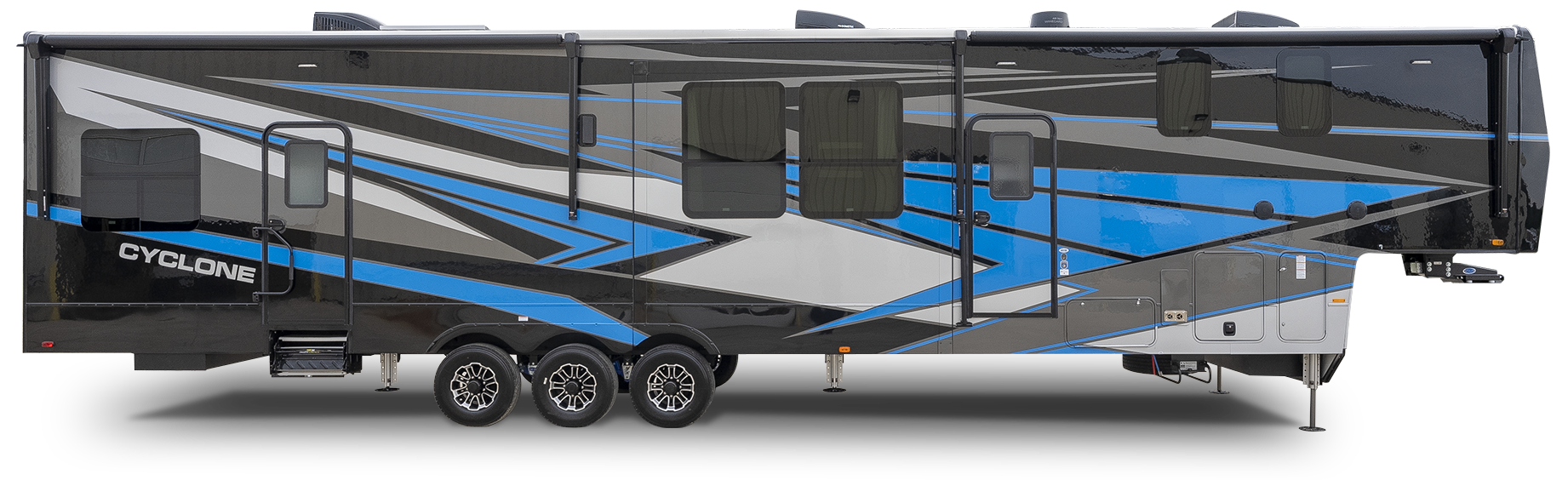 Exterior side view of the 2024 Heartland Cyclone toy hauler, showcasing its vibrant paint scheme and rugged design.