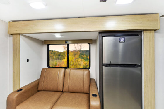 Interior view of a Heartland RV, showcasing the living area and kitchen.