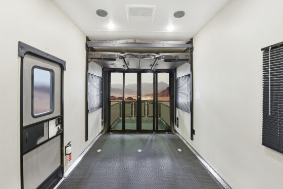 Interior view of the Heartland Torque RV garage/storage area, featuring ample space for gear and toys.