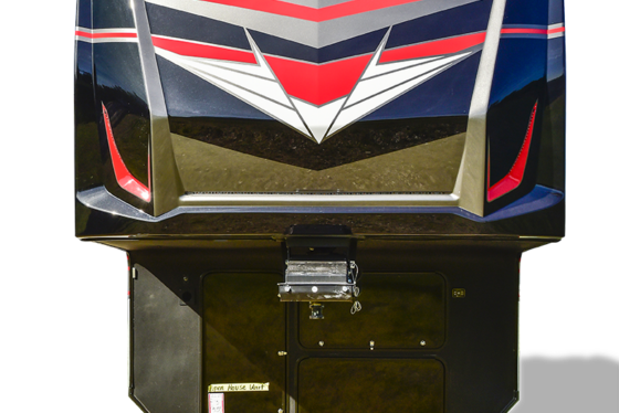 Front exterior view of the 2025 Heartland Cyclone Fifth Wheel, showcasing its rugged, bold design and high-performance features.