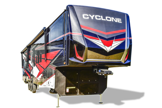 Exterior side view of the 2025 Heartland Cyclone Fifth Wheel, featuring a bold red and black color scheme with modern design elements.