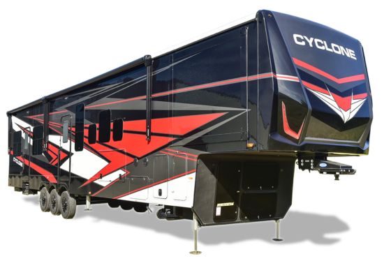 Side exterior view of the 2025 Heartland Cyclone toy hauler, showcasing its bold red and black design with modern graphics.
