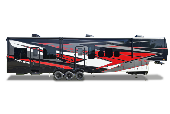 Exterior view of the 2025 Heartland Cyclone RED, showcasing the spacious garage area and rugged design for toy hauler enthusiasts.