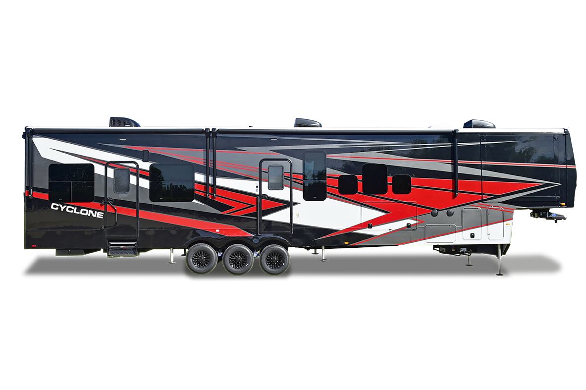 Exterior view of the 2025 Heartland Cyclone RED, showcasing the spacious garage area and rugged design for toy hauler enthusiasts.