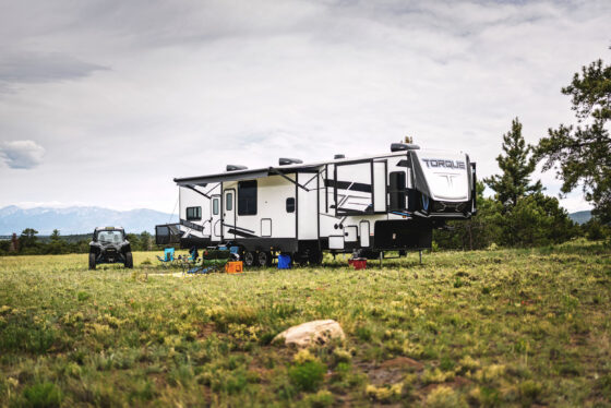 Exterior view of the Heartland Torque fifth wheel RV, highlighting its modern, rugged design.