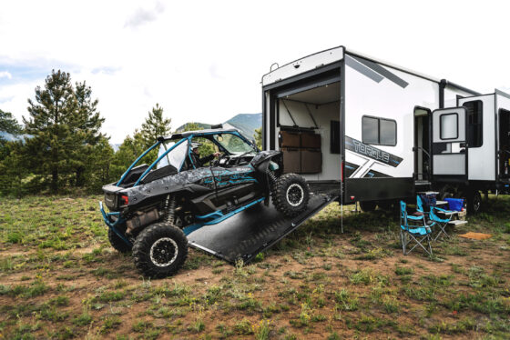 Ramp leading into the garage area of the Heartland Torque fifth wheel RV.