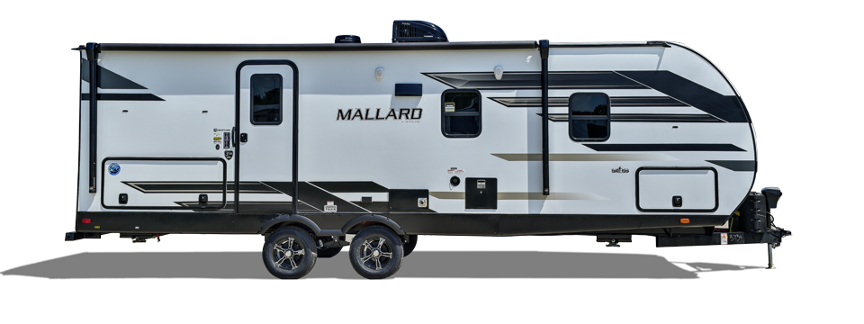 A preview of a sleek Heartland Mallard travel trailer against a backdrop of blue sky and green trees.