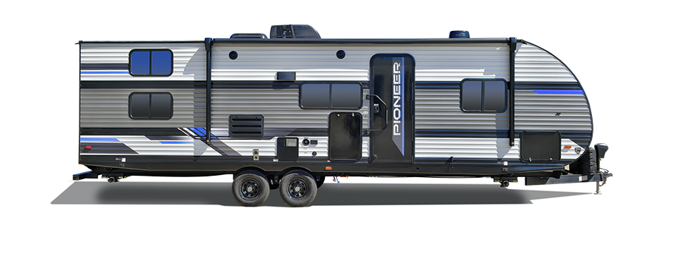 A preview image showcasing the sleek design of a Heartland Pioneer travel trailer.