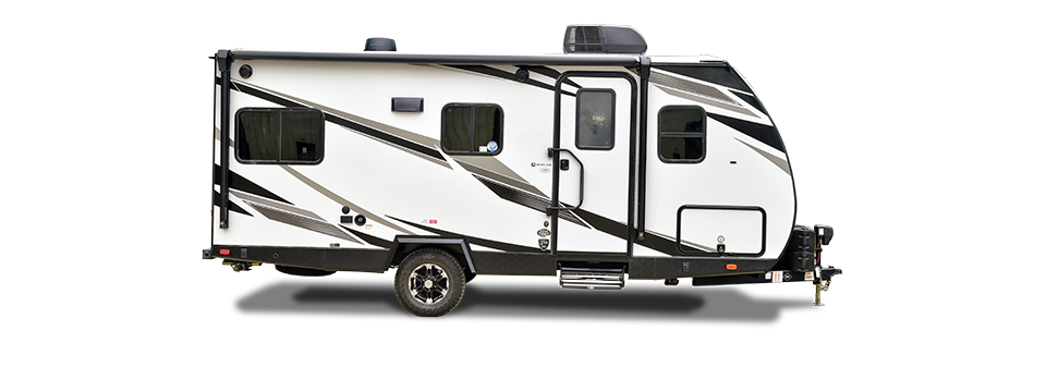 A preview of a stylish Heartland Sundance travel trailer against a scenic outdoor backdrop.