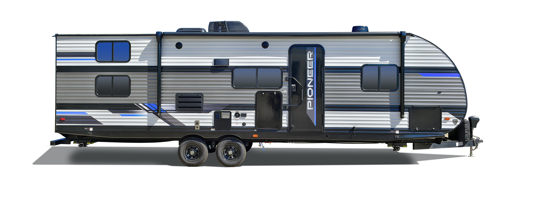 A lineup of modern Heartland Pioneer travel trailers parked in a row.
