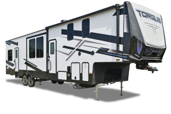 Exterior view of the Heartland Torque fifth wheel RV, showcasing its sleek design and large entry door.