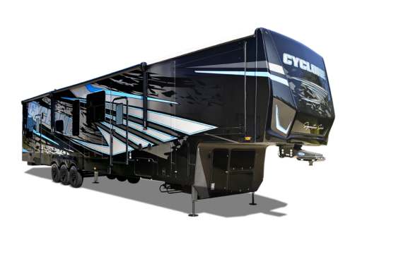 Front exterior view of the 2025 Heartland Cyclone Fifth Wheel, showcasing its rugged, bold design and high-performance features.