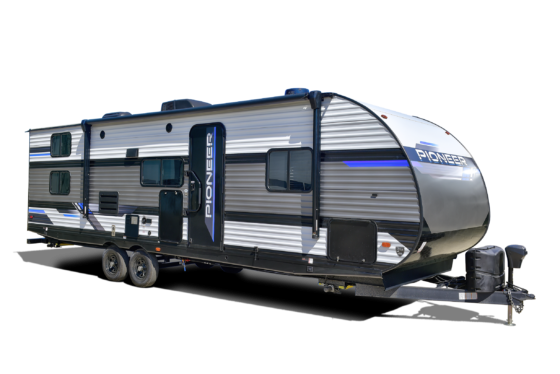 Exterior view of a Pioneer travel trailer, showcasing its sleek design and rugged construction.