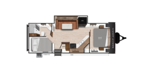 Floor plan of a trailer showing a layout with a bedroom, bathroom, kitchen, and living area. The entry door is near the kitchen, which includes a stove and sink. The living area has a sofa, and the bathroom is adjacent to the bedroom.