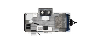 Top-down floor plan of an RV with a queen bed, two chairs and a table, kitchenette with fridge and stove, bathroom with shower and toilet, and an awning outside the entry door.