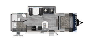 Floor plan of a travel trailer featuring a bedroom, bathroom, kitchen, living area with two sofas, storage spaces, an outdoor kitchen, an awning, and entry steps.