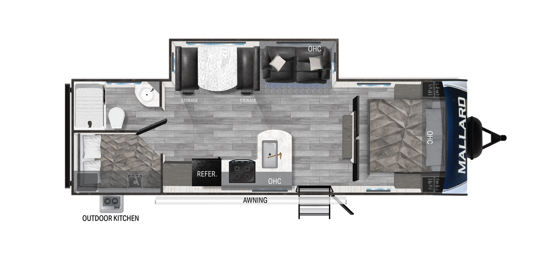 Floor plan of a travel trailer featuring a bedroom, bathroom, kitchen, living area with two sofas, storage spaces, an outdoor kitchen, an awning, and entry steps.