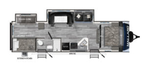 Floor plan of a travel trailer featuring a bunk bed area, bathroom, kitchen with refrigerator, entertainment center, sofa, dinette, queen bed, overhead storage, and an exterior kitchen with an awning.