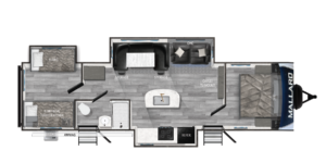 Floor plan of a Mallard RV showing bunks, bathroom, kitchen with island, living area with sofa and dinette, and a bedroom with a bed; labeled storage areas and entry steps are visible.