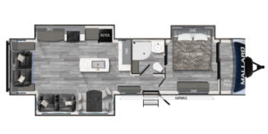 Floor plan of a travel trailer featuring a bedroom with a king bed, bathroom with shower, kitchen area with island, living area with sofas, dinette, and entertainment center, plus multiple overhead cabinets and an exterior awning.