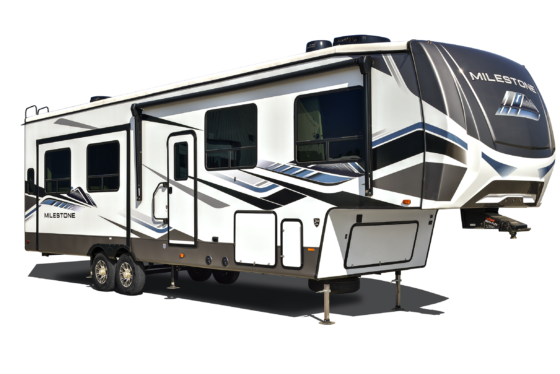 Exterior view of the 2025 Heartland RV Milestone Fifth Wheel, showing the front and side at a 3/4 angle.