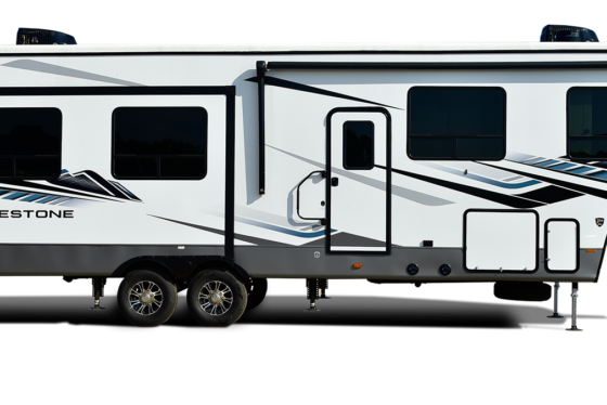 Milestone brand RV exterior with sleek design and bold colors.