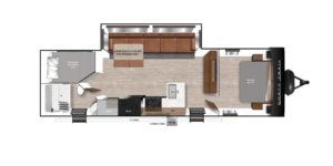 Floor plan of a small living space featuring a convertible sofa with a stand-alone table, a kitchen area with stove and sink, a bathroom with shower and toilet, and a bed labeled Bunked.