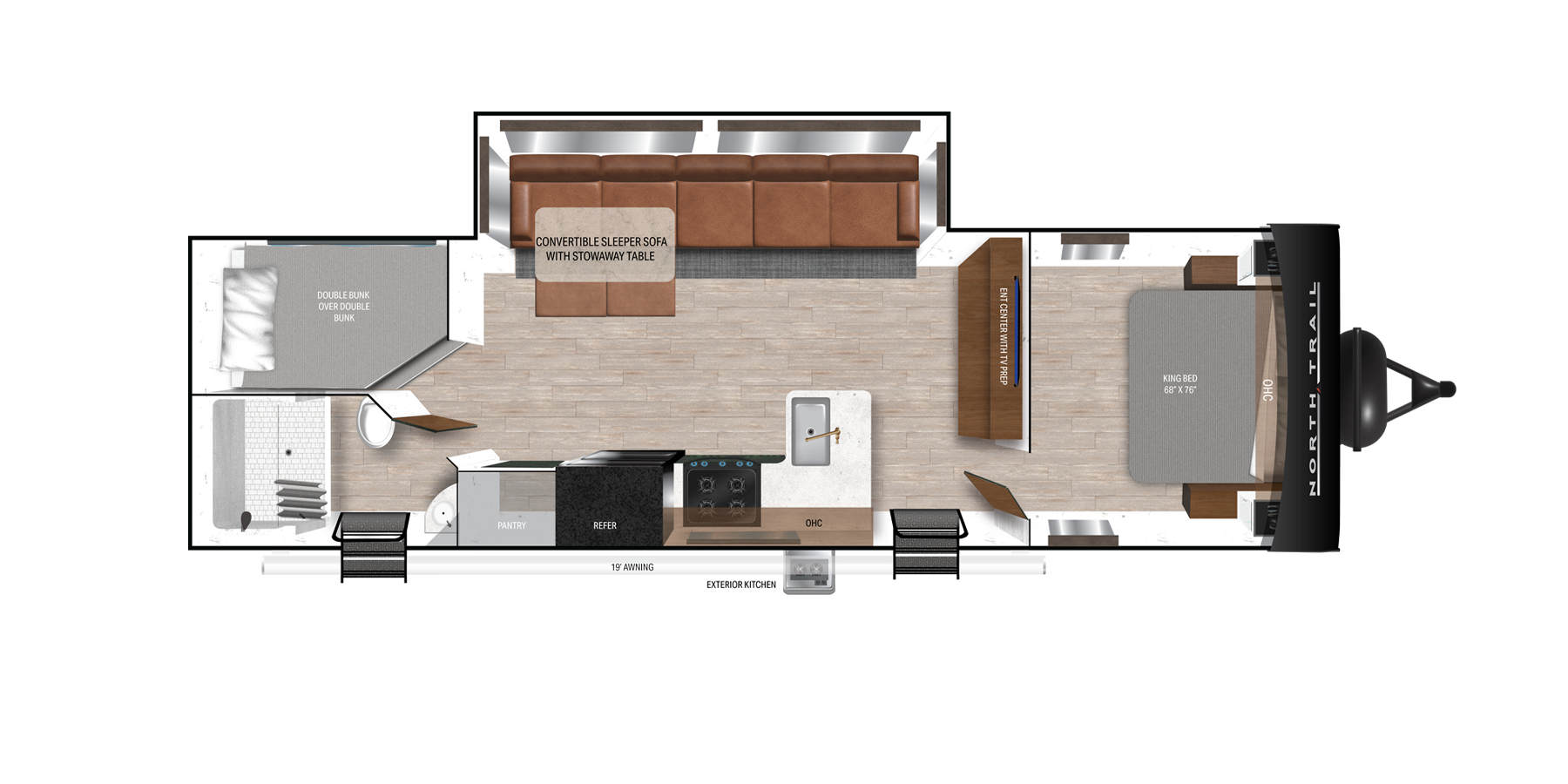 Floor plan of a small living space featuring a convertible sofa with a stand-alone table, a kitchen area with stove and sink, a bathroom with shower and toilet, and a bed labeled Bunked.