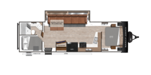 Floor plan of a rectangular recreational vehicle showing a layout with a kitchen, a sofa, a convertible sleeper sofa with dinette table, a bathroom with shower, a bedroom with bed, and a pantry. The door and some storage areas are labeled.