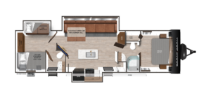 Floor plan of a travel trailer showing a queen bedroom, bunk beds, bathroom, kitchen, booth dinette, theater seating with an optional table, and entertainment center, with entry door on the right side.