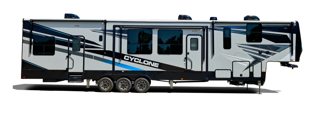 Front cap of the Heartland Cyclone toy hauler, featuring a bold design with aerodynamic contours and striking graphics.