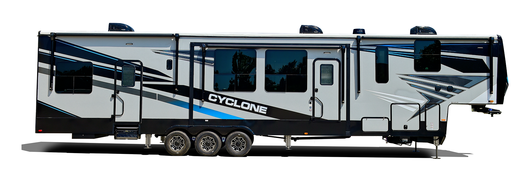 Front cap of the Heartland Cyclone toy hauler, featuring a bold design with aerodynamic contours and striking graphics.