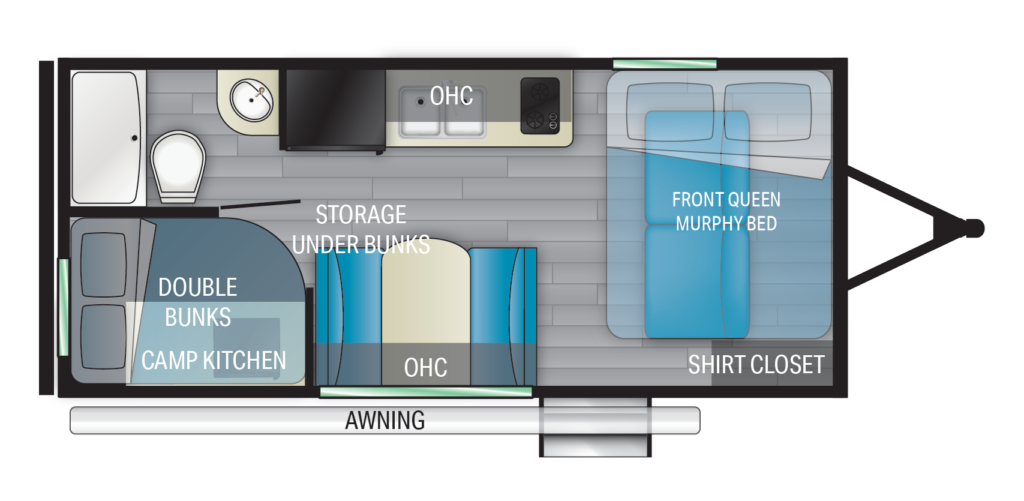 The floorplan of the Pioneer BH170, one of Heartland's small RVs.