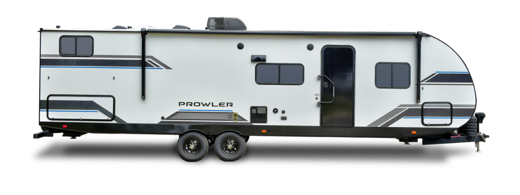 This image features the Prowler RV, designed for the adventurous traveler who values both comfort and durability. The exterior boasts a bold, dynamic look with clean lines and a rugged build, making it perfect for outdoor exploration. With its robust construction and stylish design, the Prowler RV is built to handle the elements while offering a comfortable and enjoyable experience on the road. Ideal for families and outdoor enthusiasts alike, this RV combines practicality with a modern aesthetic for your next adventure.