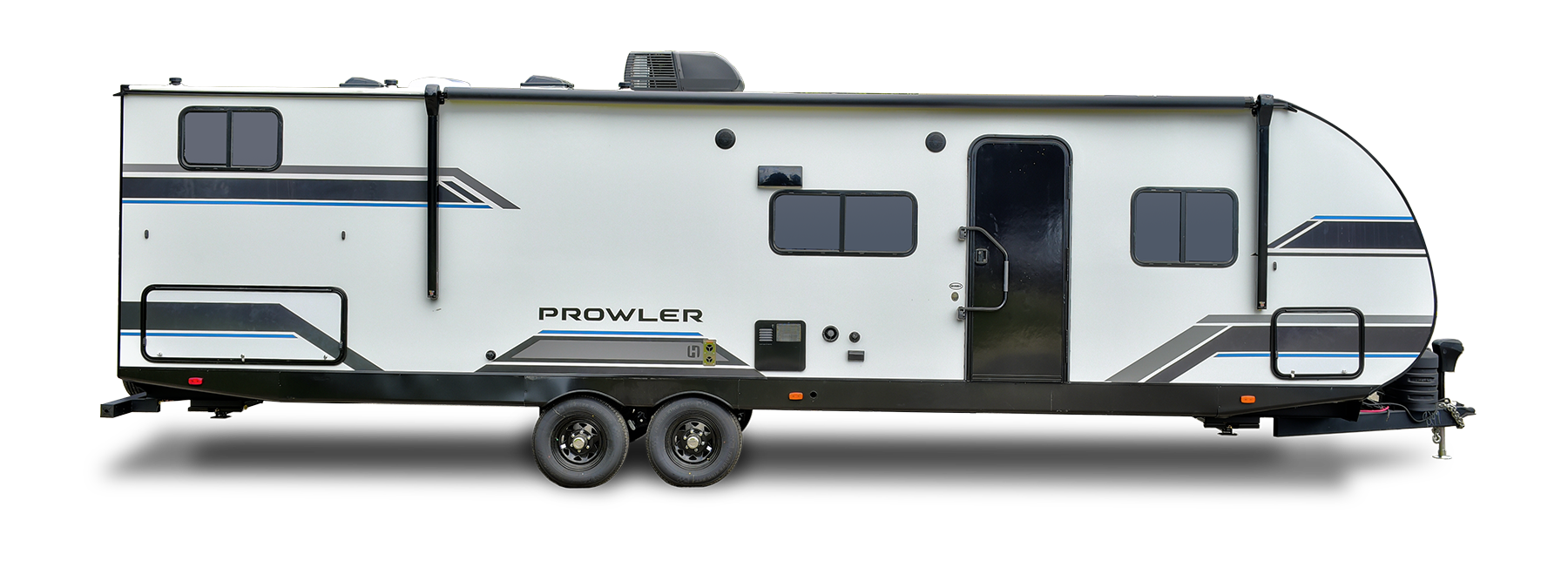 This image features the Prowler RV, designed for the adventurous traveler who values both comfort and durability. The exterior boasts a bold, dynamic look with clean lines and a rugged build, making it perfect for outdoor exploration. With its robust construction and stylish design, the Prowler RV is built to handle the elements while offering a comfortable and enjoyable experience on the road. Ideal for families and outdoor enthusiasts alike, this RV combines practicality with a modern aesthetic for your next adventure.
