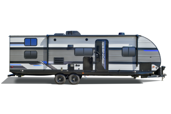 Exterior view of a Pioneer travel trailer, showcasing its sleek design and rugged construction.