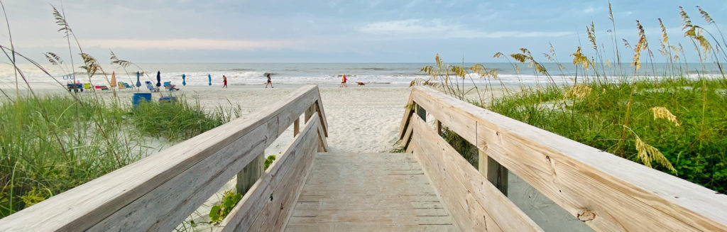 A view down a beach walkway, facing the shoreline.