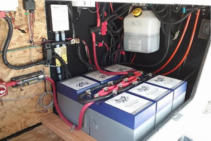 A set up of multiple lithium-ion batteries.