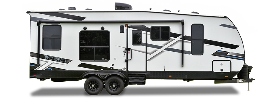 A preview image of the Torque TQTT toy hauler RV against a scenic backdrop.