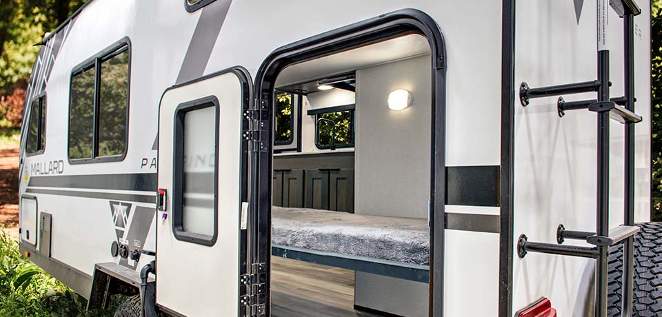Looking into the door of an ultralite RV, the Mallard Pathfinder.