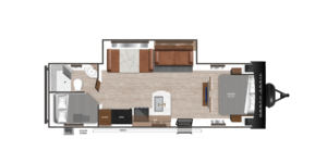 Floor plan of a trailer with a bedroom, kitchen, and living area. The layout includes a bed, sofa, kitchen sink, dinette, and bathroom with toilet and shower. Entry doors are on the side and rear.