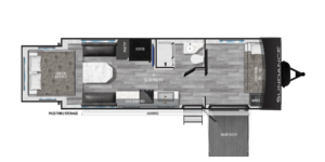 The image features the floor plan of the Sundance SD-243SR travel trailer, designed for optimal comfort and functionality. This layout includes a spacious living area with ample seating, perfect for relaxation after a day of adventure. The well-equipped kitchen boasts modern appliances and generous counter space, making meal preparation a breeze. A cozy dining area invites family meals, while large windows provide natural light and scenic views. The SD-243SR also includes a private bedroom area, ensuring a comfortable retreat at the end of the day. Ideal for family outings or weekend getaways, this travel trailer offers a perfect blend of style and practicality.