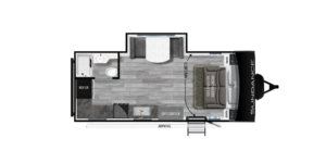 This image showcases the floor plan of the Sundance SD-181MB travel trailer, designed for comfort and versatility. It features a fold-down Murphy bed for easy use and a mid-bunk area for additional sleeping space, making it ideal for families. The kitchen is equipped with modern appliances and ample counter space, while the dinette offers natural light through large windows. With convenient bathroom access and a thoughtful layout, the SD-181MB is perfect for your next adventure.