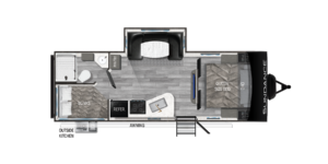 The image showcases the floor plan of the Sundance SD-241BH travel trailer, designed for family adventures. This layout features a spacious bunkhouse area, perfect for accommodating kids or extra guests, alongside a comfortable living area. The well-appointed kitchen includes modern appliances and plenty of counter space for meal prep. Large windows throughout the trailer allow natural light to flood the interior, creating a bright and inviting atmosphere. With a practical dining space and convenient bathroom access, the SD-241BH offers a perfect blend of comfort and functionality for memorable trips.