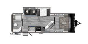 The image showcases the floor plan of the Sundance SD-262RB travel trailer, featuring a thoughtfully designed layout that maximizes space and comfort. This model includes a spacious rear bathroom equipped with modern amenities, offering convenience and privacy. The central living area is well-appointed, featuring cozy seating and a dining space ideal for family meals or entertaining guests. The kitchen is equipped with contemporary appliances and ample counter space, making it easy to prepare meals on the go. Large windows flood the interior with natural light, enhancing the open feel of the space. With its blend of functionality and style, the SD-262RB is perfect for family adventures and weekend getaways.