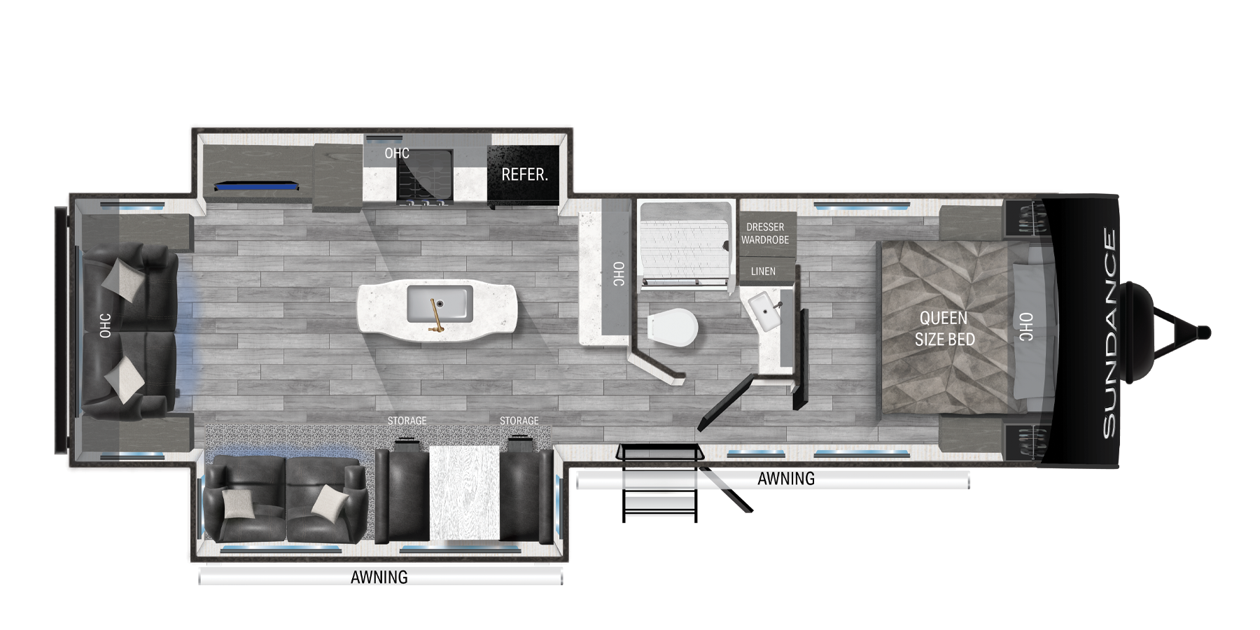 The image showcases the floor plan of the Sundance XLT 293RL travel trailer. This model offers a spacious rear living area with opposing slide-outs that expand the living space, featuring a sofa and theater seating for comfort. The central kitchen includes a large island, pantry, and adjacent dinette for dining. The front of the trailer features a private master bedroom with a queen bed and plenty of storage. A fully equipped bathroom with a shower is located between the living and bedroom areas. This layout is perfect for couples or small families seeking comfort on the road.
